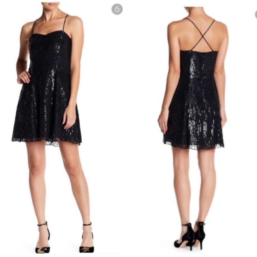 Anthropologie Raga Black Sequin Beaded Spaghetti Strap Mini Skater Dress